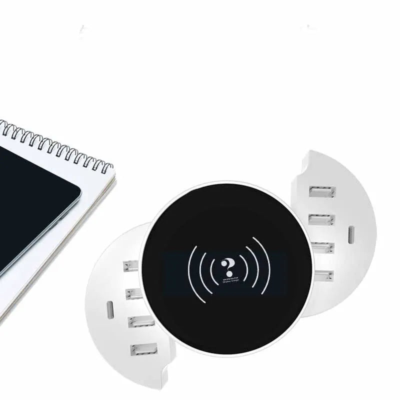 Ceramic white wireless circular charger with worldwide outlet compatibility and 1.5 metre cable
