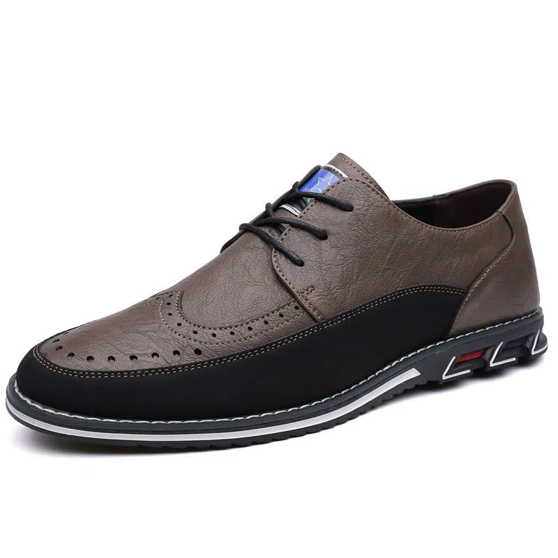 Men's low-top casual leather shoes with a fabric upper, leather toe cap, and rubber sole in orange colour.