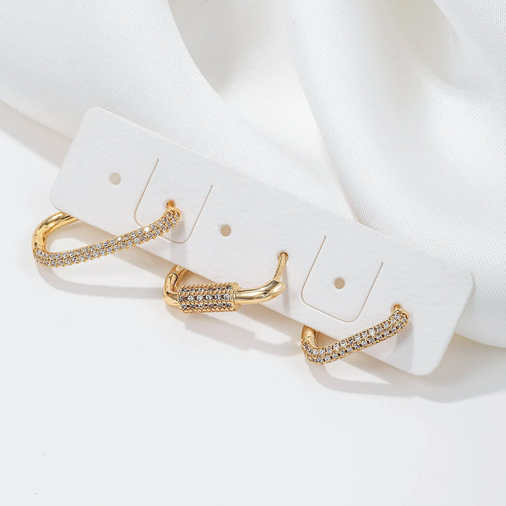 Geometric ear clip set with micro inlaid zircon stones in gold and white colour options