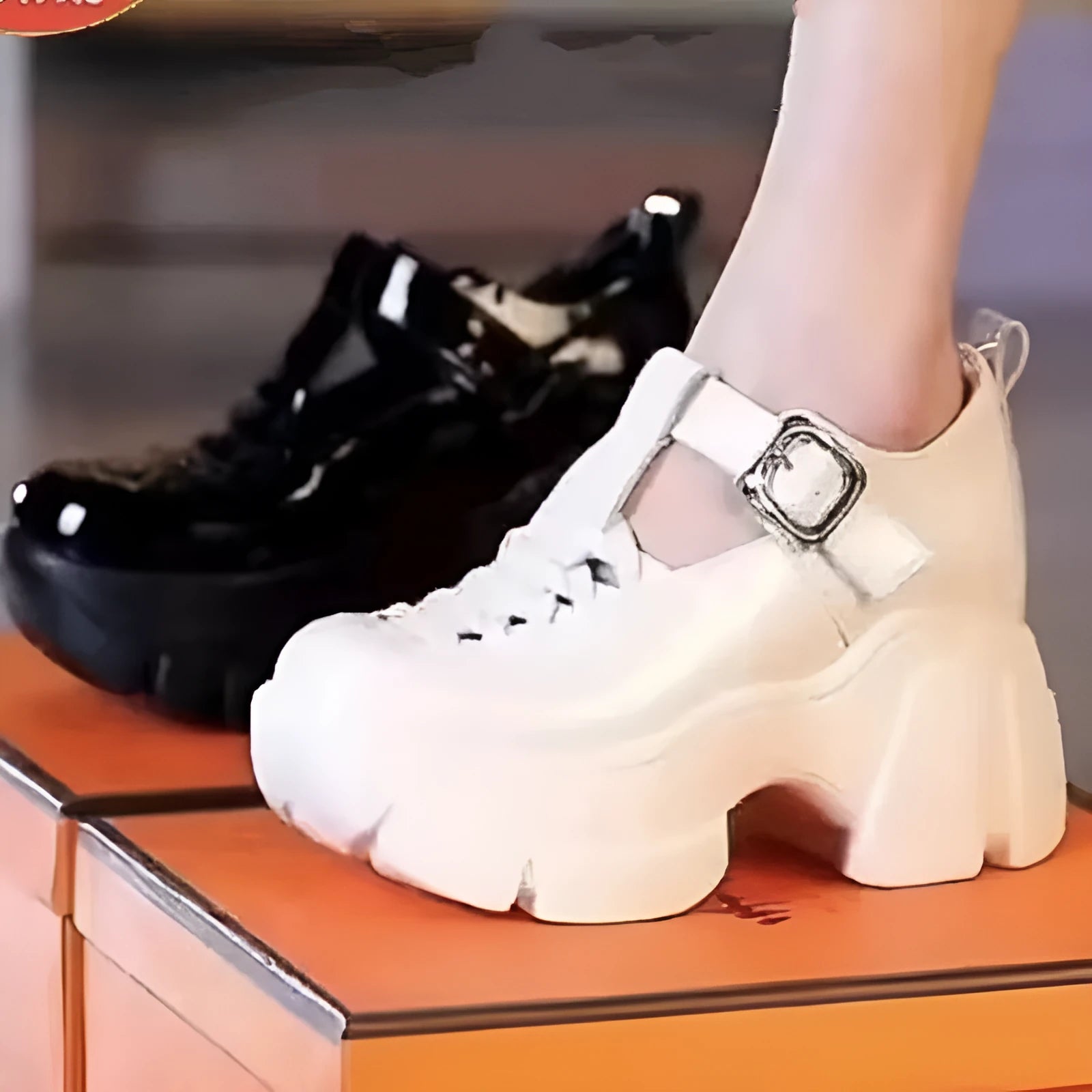 Women's black satin pumps with chunky wedge heel and round toe, Roman style design