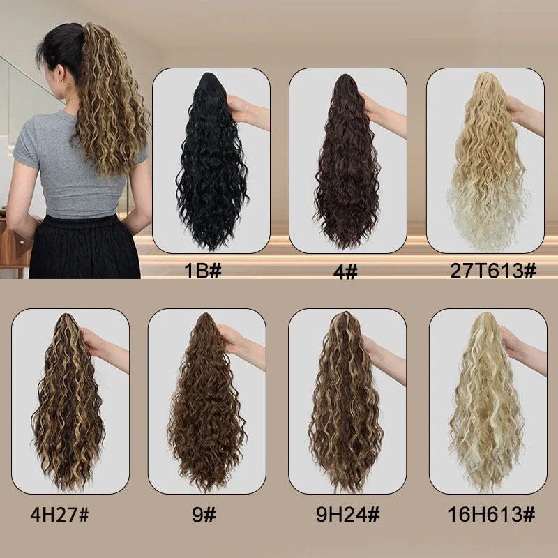 Corn curler style synthetic wig with a water ripple grip ponytail, shown in a dark colour.