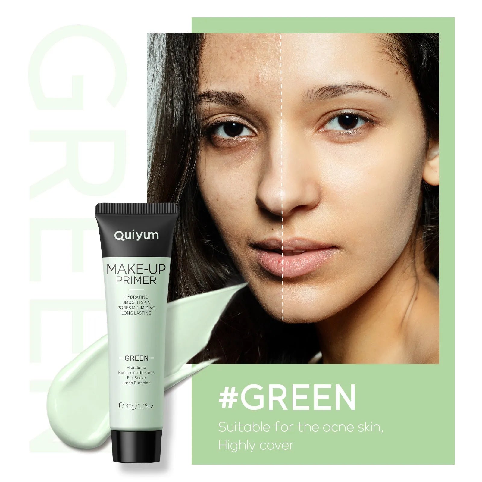 Colour correcting makeup primer box with green, pink, and purple 30g containers
