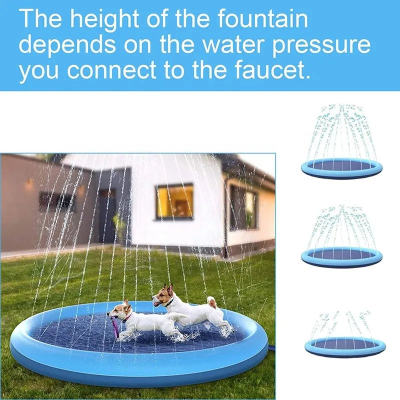 Blue anti-slip dog splash pad mat with sprinkler jets, set up on a garden lawn.