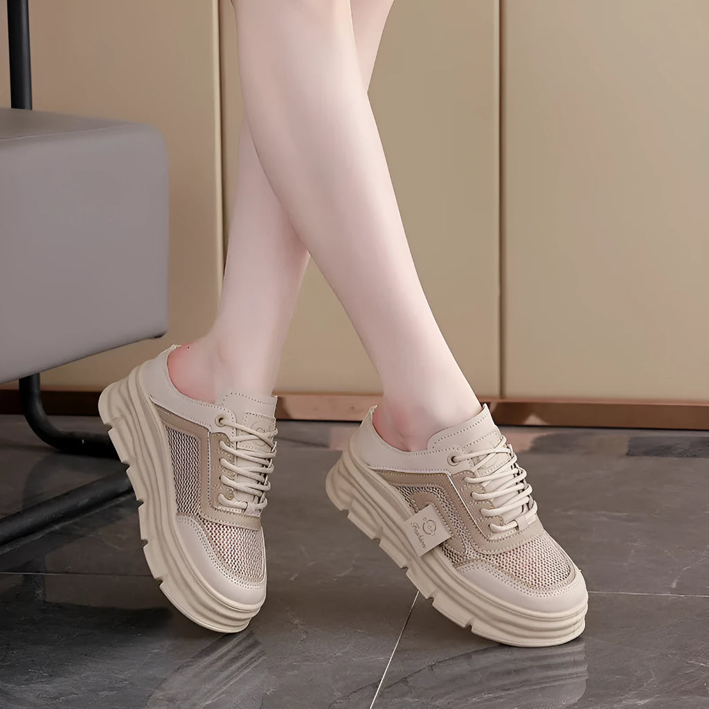 Women's mesh panel half slippers with round toe and height-increasing insole in black, khaki, and white colours