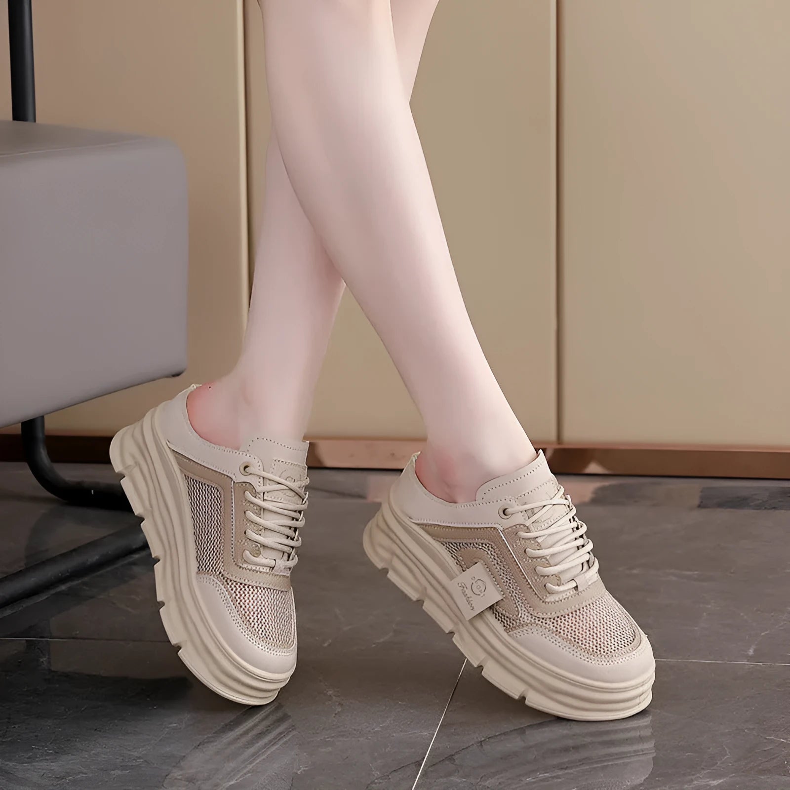 Women's mesh panel half slippers with round toe and height-increasing insole in black, khaki, and white colours