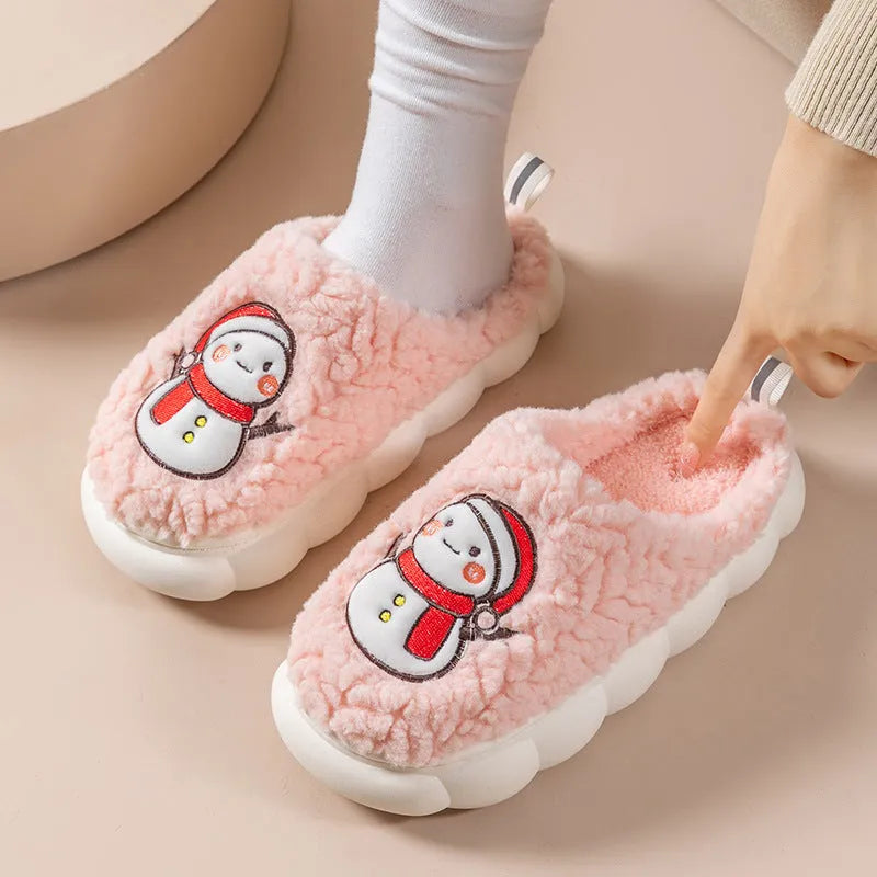 Cute snowman winter slippers in plush material with thick anti-slip PVC sole on indoor floor