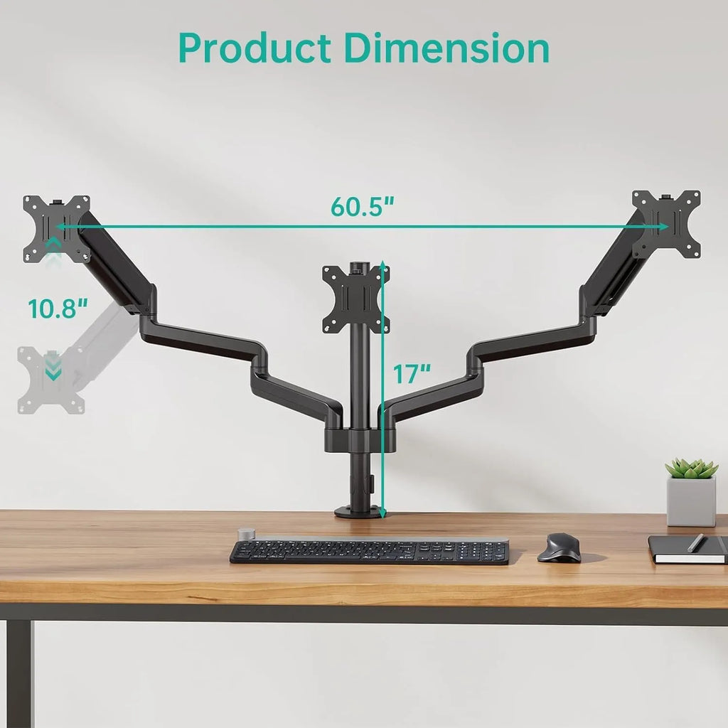 Black three-arm gas spring monitor mounting bracket for 13-27 inch computer screens.
