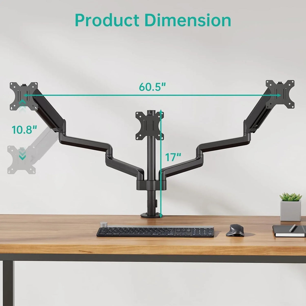 Black three-arm gas spring monitor mounting bracket for 13-27 inch computer screens.