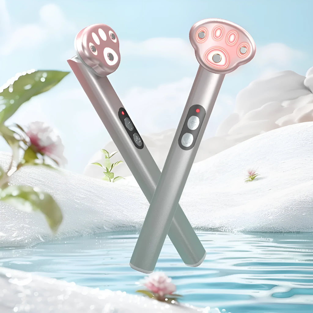 Pink cat's paw shaped eye massager with micro-current vibration and colour light function