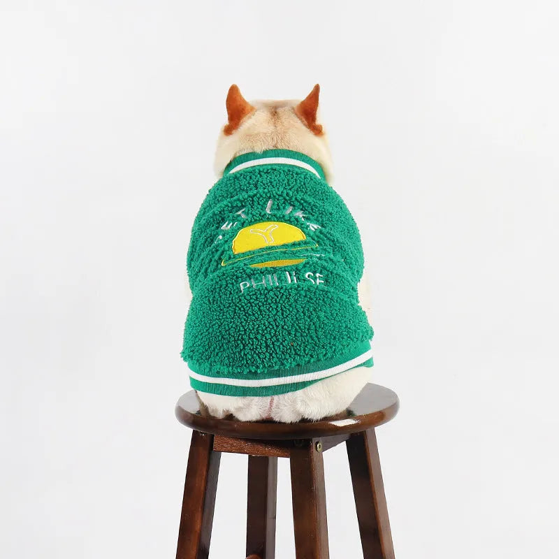 Green fleece-lined dog winter coat shown on a mannequin, sizes L XL XXL 3XL 4XL.