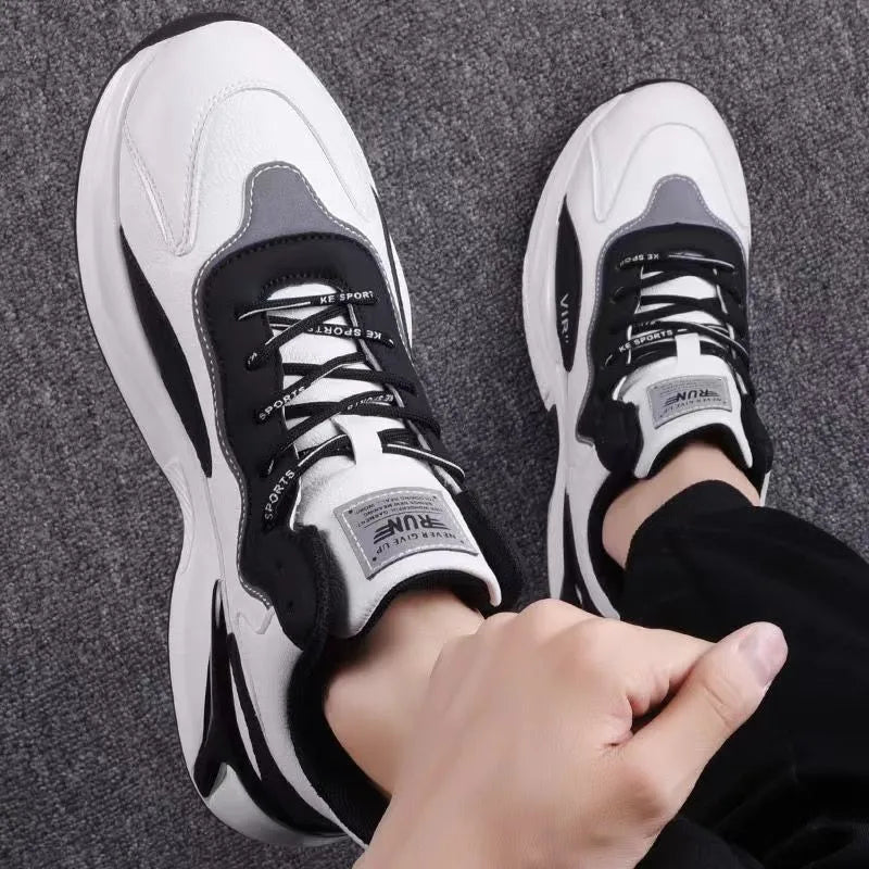 Men's black white lightweight breathable synthetic leather lace-up casual sneakers with round toe