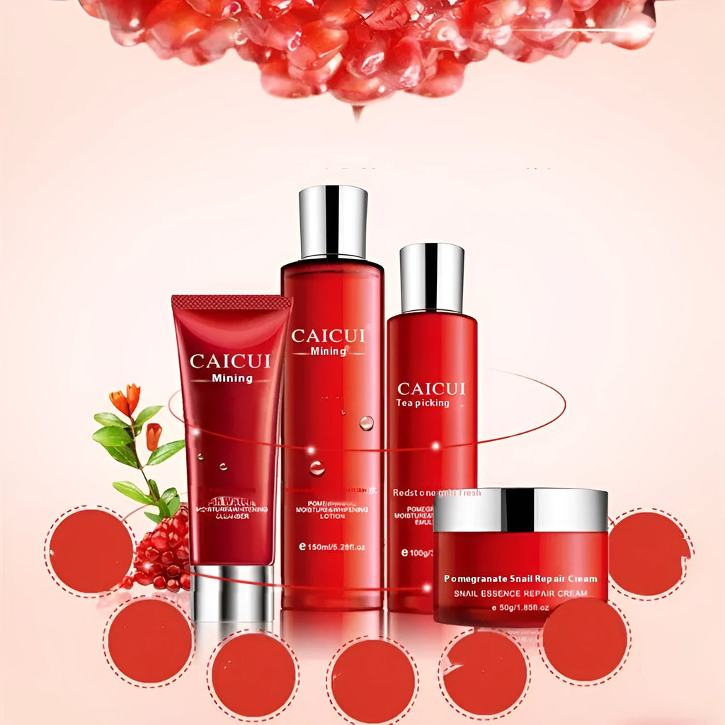 Pomegranate skincare set with four cosmetic products for moisturising and oil control