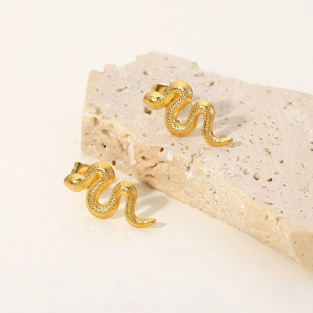 Gold snake stud earrings for women, 18K gold plated stainless steel, INS style, 1 pair