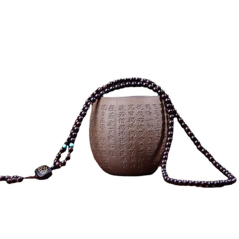 Zambia rosewood Buddha beads bracelet with flat lotus pendant showing 108 wooden beads
