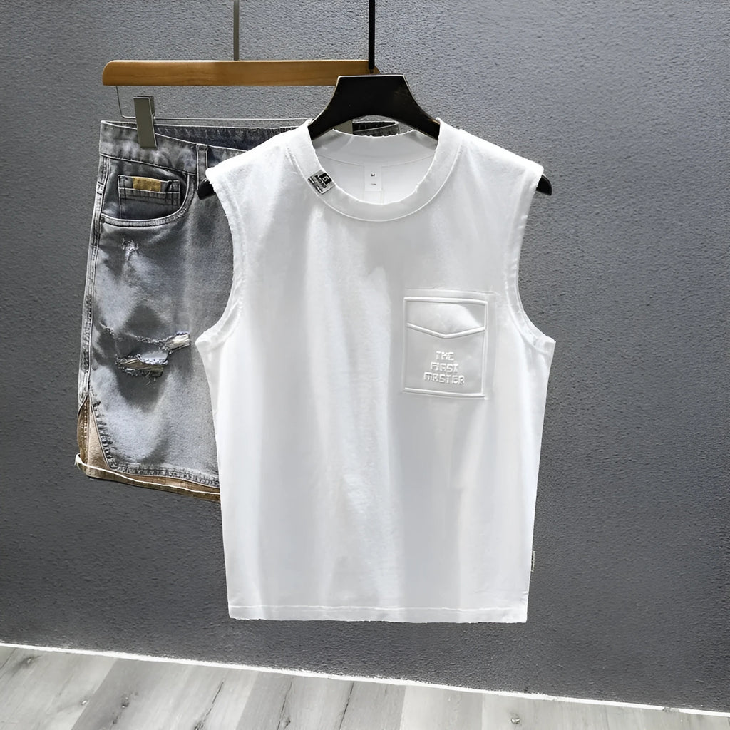 A solid colour loose cotton sleeveless t-shirt on a hanger, shown in white and black.