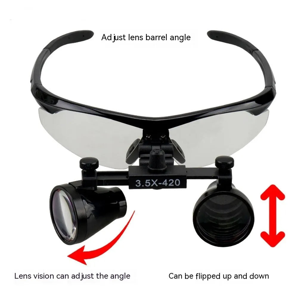 Black plastic head-mounted magnifying glass with LED light on the frame, shown on a headband.
