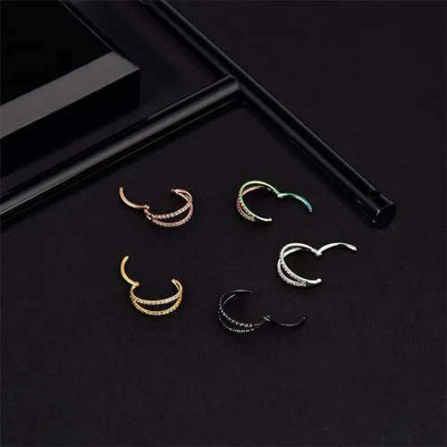 Titanium alloy nose ring with monoclinic diamond finish in gold and steel colour options showing precise measurements