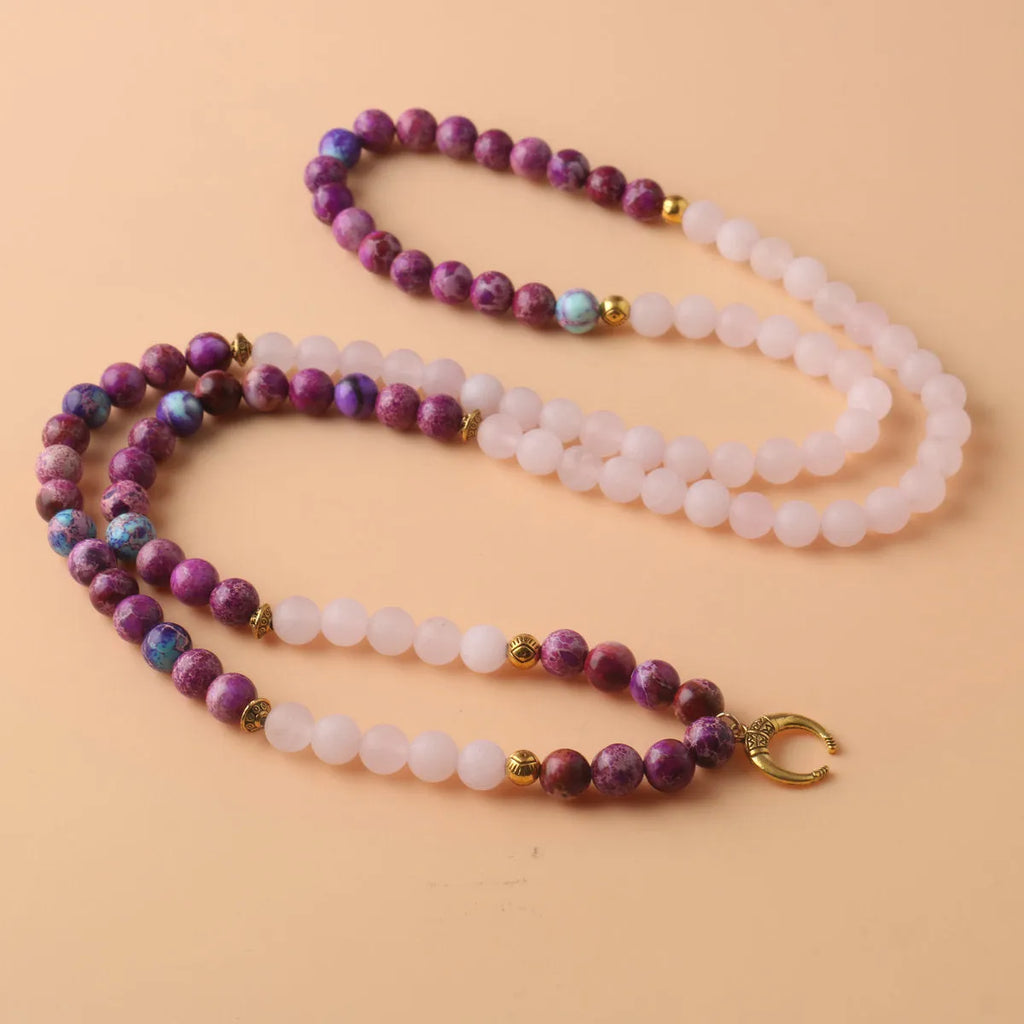 Women's personalised pink crystal emperor stone bead necklace with round pendant for casual wear