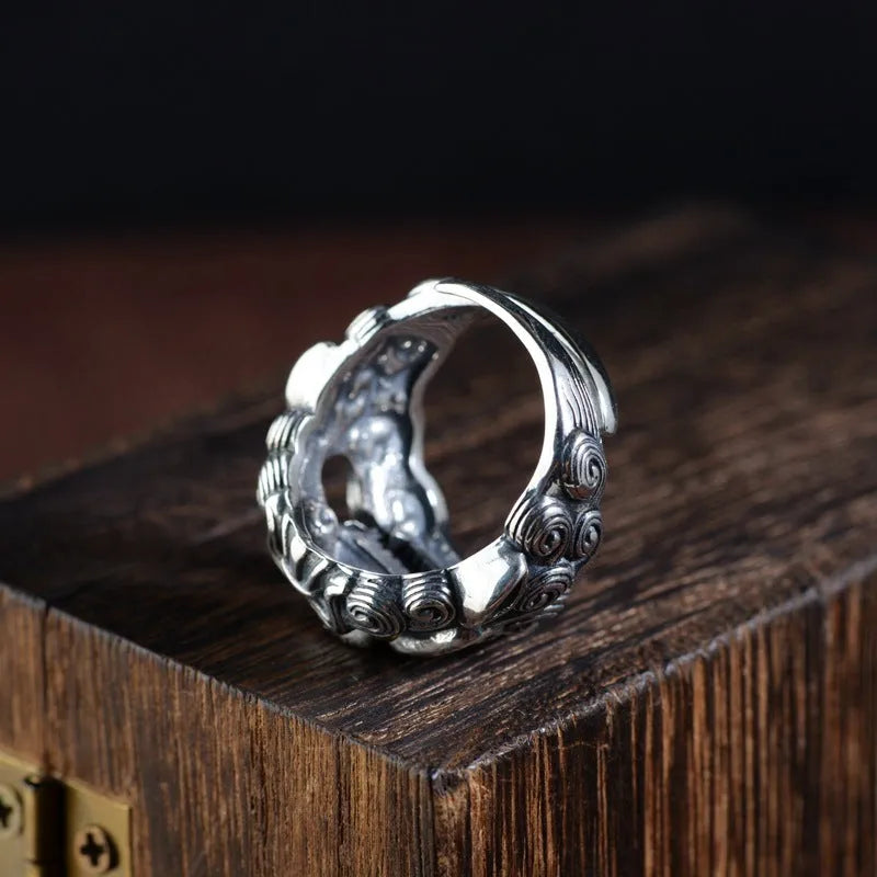 Personalised Jibeast pattern silver open ring with zodiac animal engraving and adjustable band