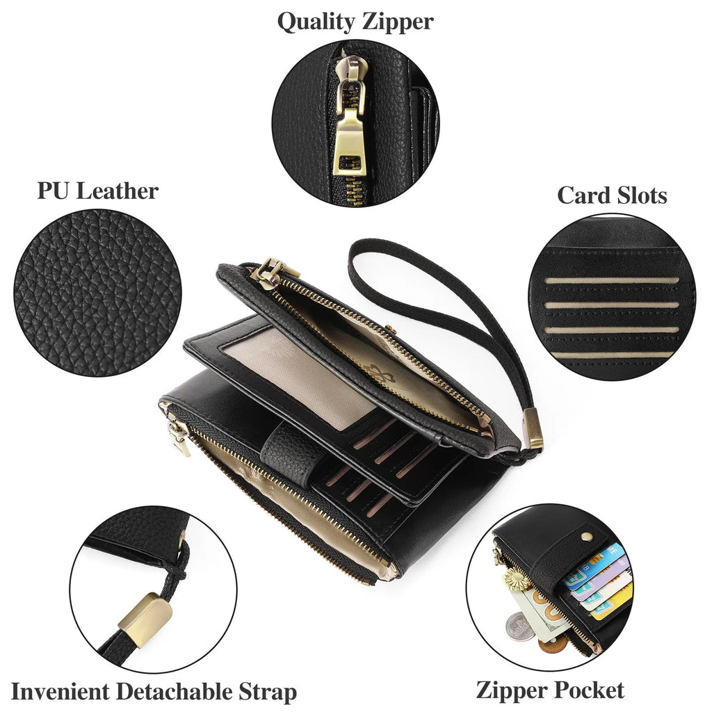 Genuine leather women's anti-theft wallet clutch in midnight black with zip closure and coin purse