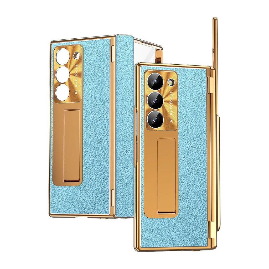Electroplated imitation leather double hinge phone case for Samsung Z Fold with pen slot and bracket in gold