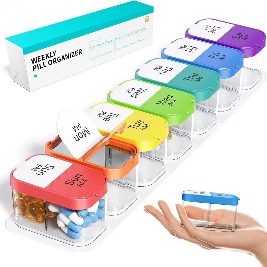 Large white plastic pill organiser box with 14 detachable compartments shown both assembled and separated.