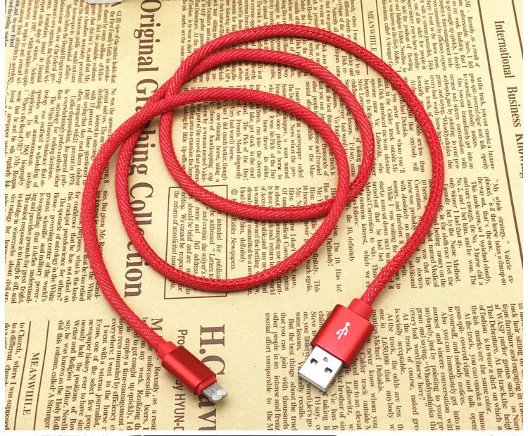 Denim braided USB Type-C charging cable with aluminium connectors in black, blue, or red.