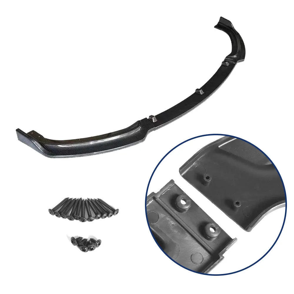 Gloss black polypropylene front bumper lip spoiler for BMW F30 F35 3 Series, shown from a front angle.