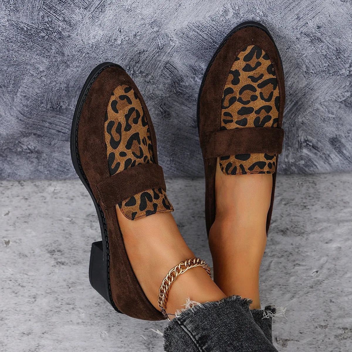 Leopard print slip-on suede pumps with chunky heel and pointed toe in three colour options