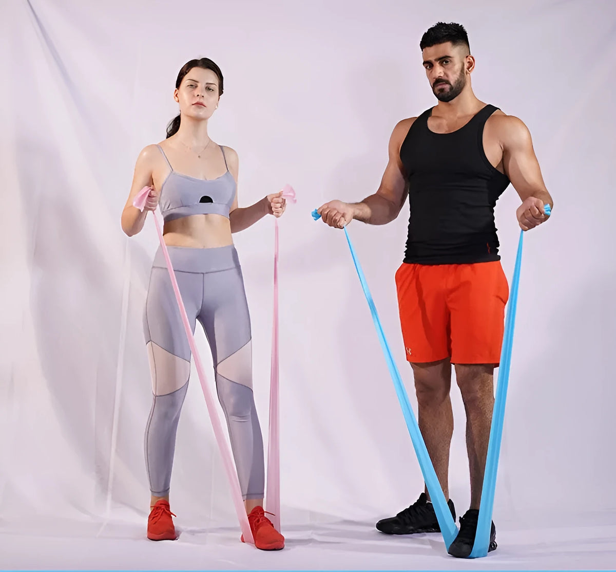 TPE strength training ribbons in multiple colours including blue, green, pink, purple, red, and yellow