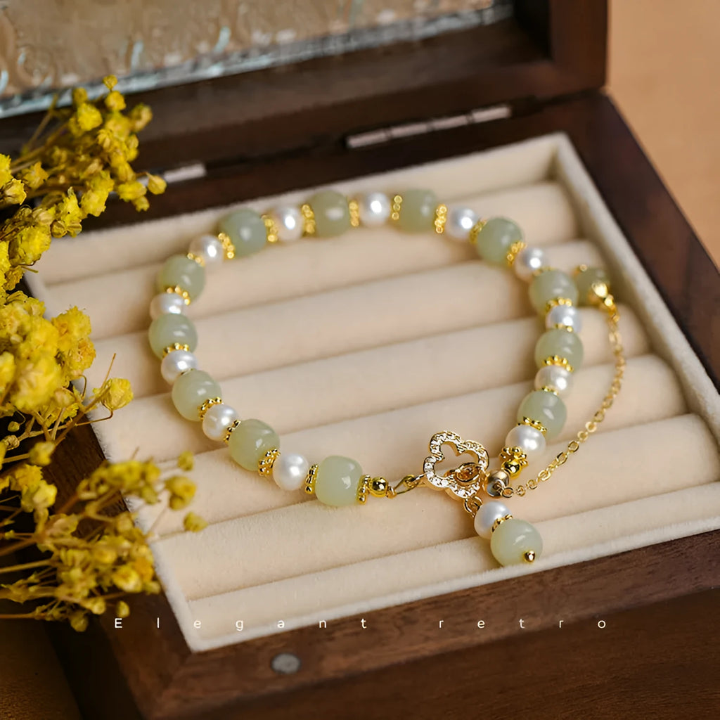 Natural Hetian jade and pearl pendant women's bracelet with gold-coloured electroplated alloy metal in Chinese style