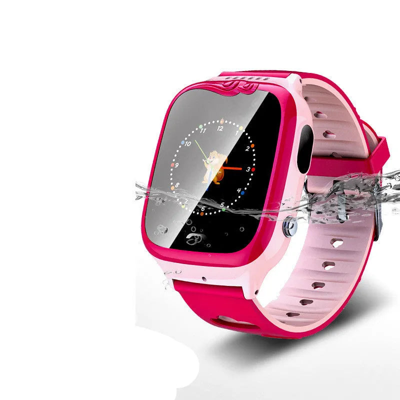 Children's smart phone watch with touch screen showing positioning interface on blue silicone wrist strap