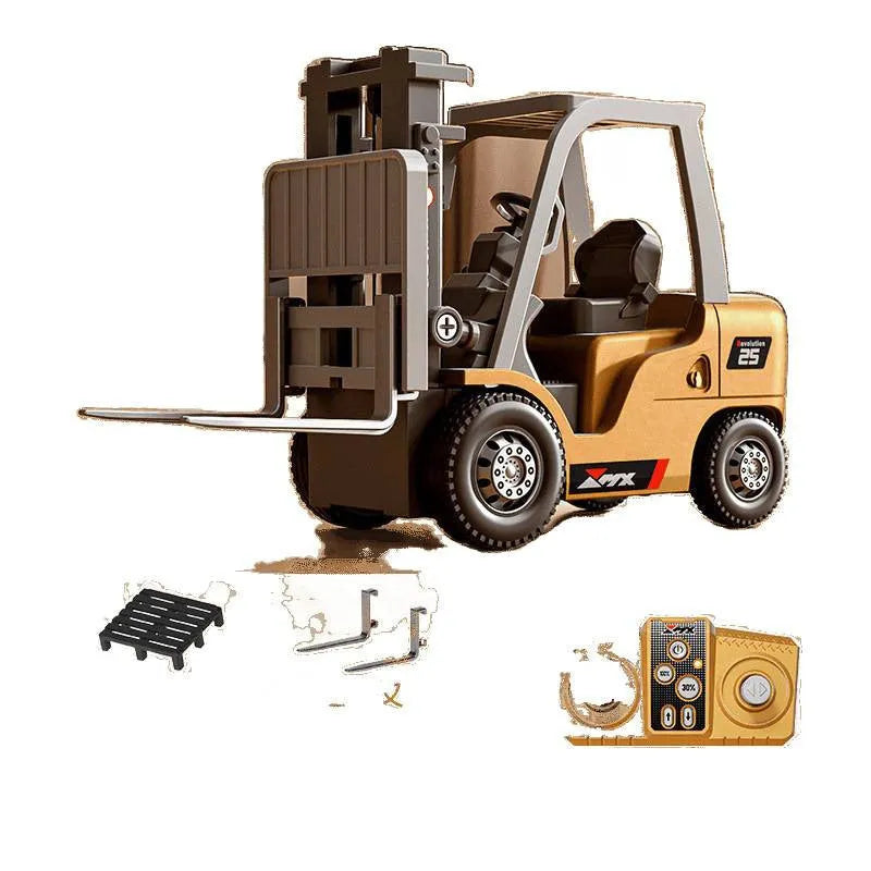 1:64 scale mini alloy remote control forklift toy with remote, cargo hook, forks, and pallet.