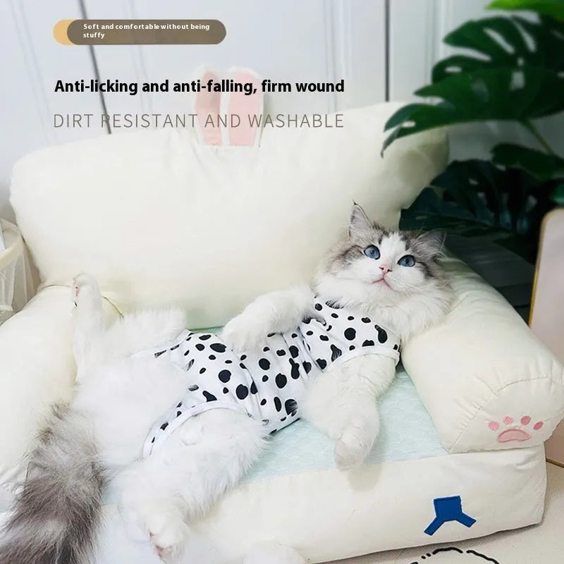 Breathable cotton cat sterilization suit for female recovery, leopard print pattern, side view on cat