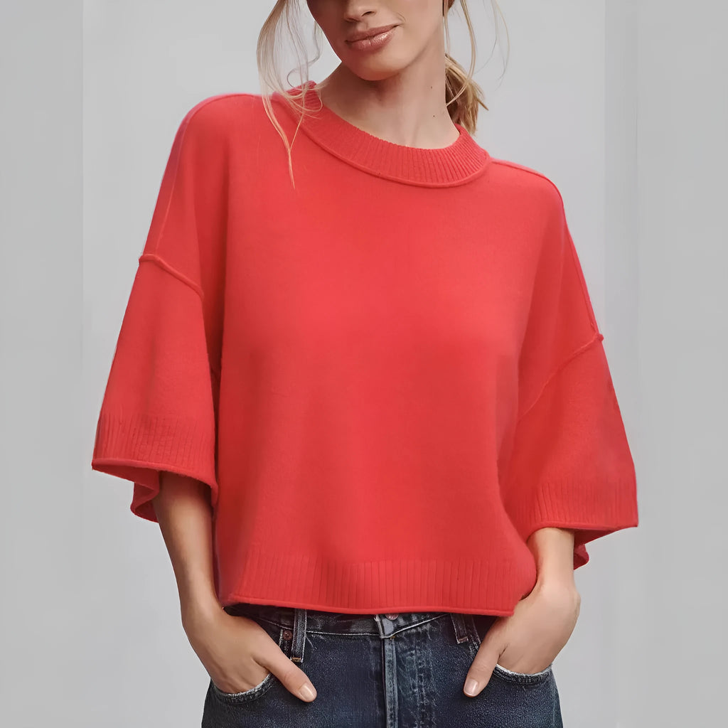 Red short viscose T-shirt with an exposed navel detail on a model, showing the regular sleeve and pullover style.