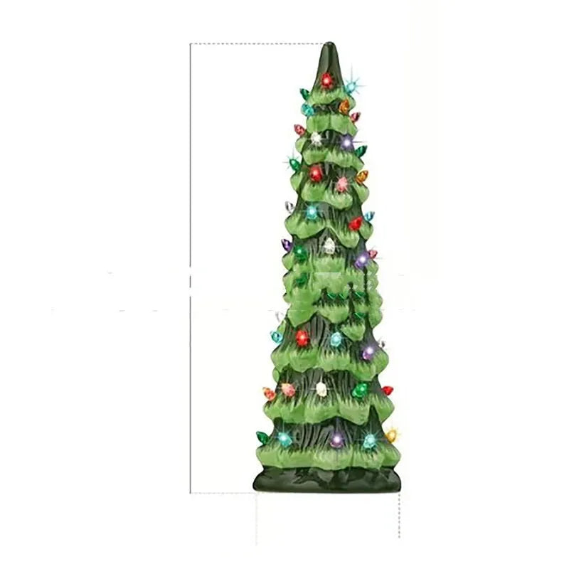 A resin Christmas tree-shaped lamp ornament with LED lights, shown in different sizes on a table.