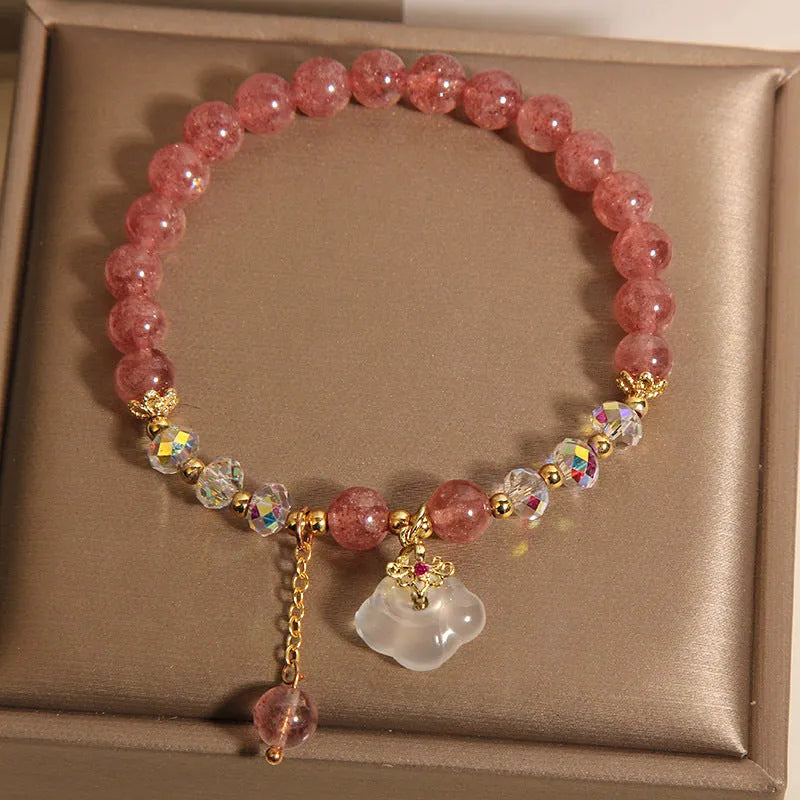Women's strawberry quartz crystal bracelet with white agate auspicious clouds design