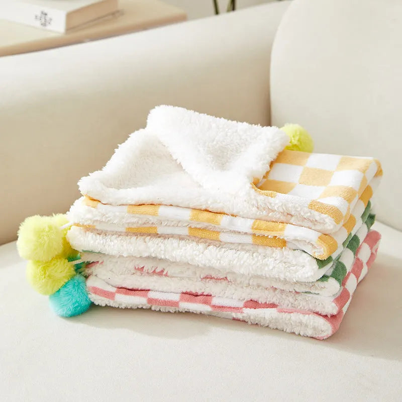 Plaid pattern pet blanket for cats and dogs on furniture with soft fleece material