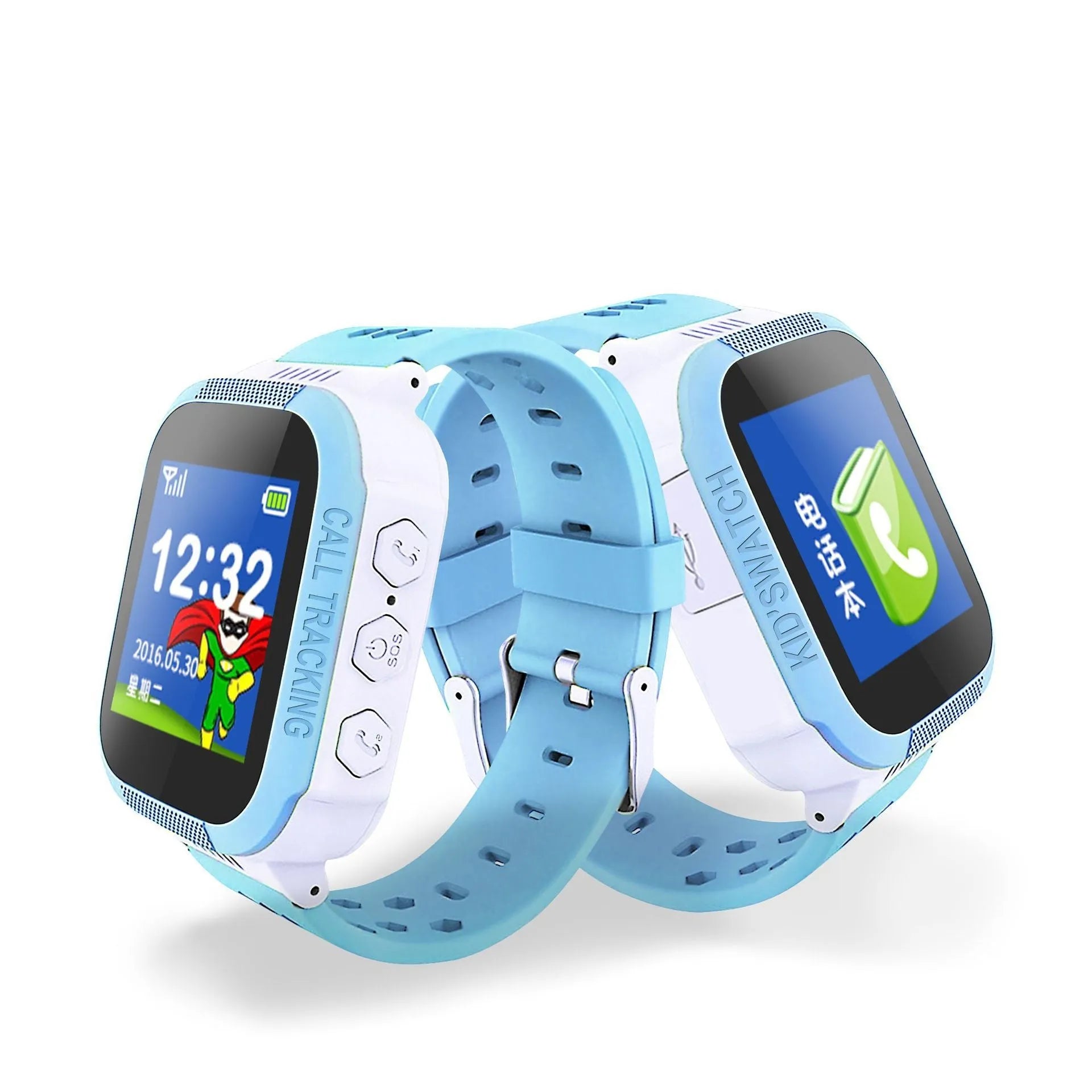 Blue children's phone watch with 1.44-inch colour screen showing time display