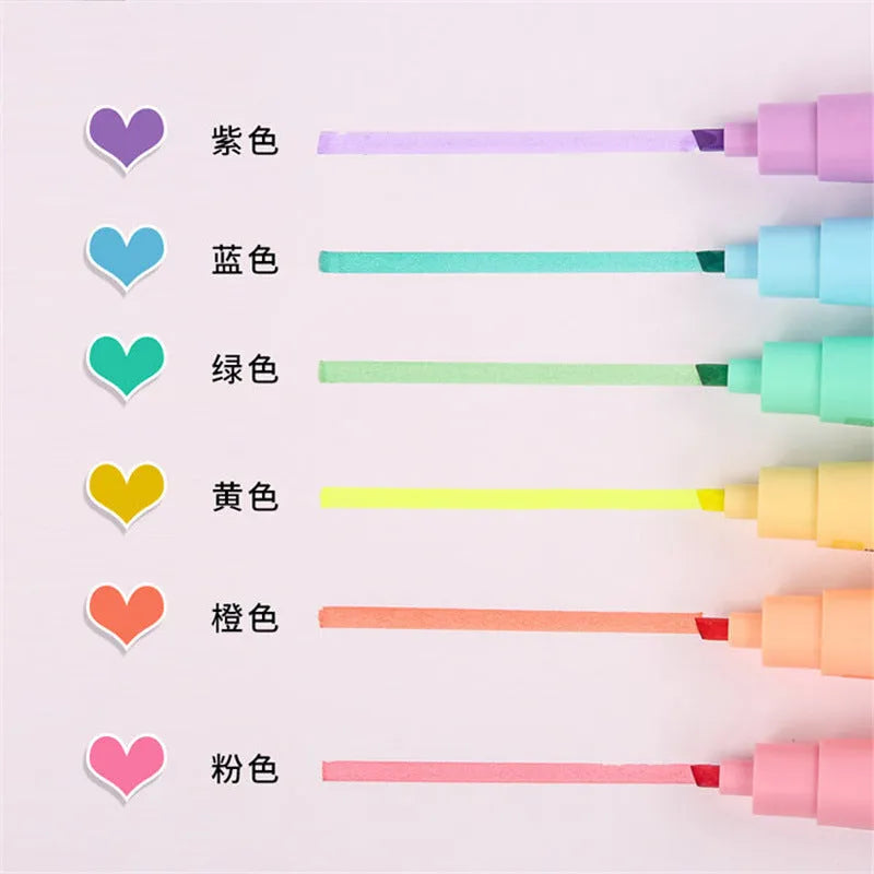 Set of six large capacity macaron colour marker pens with pastel tones in plastic shell bagged packaging