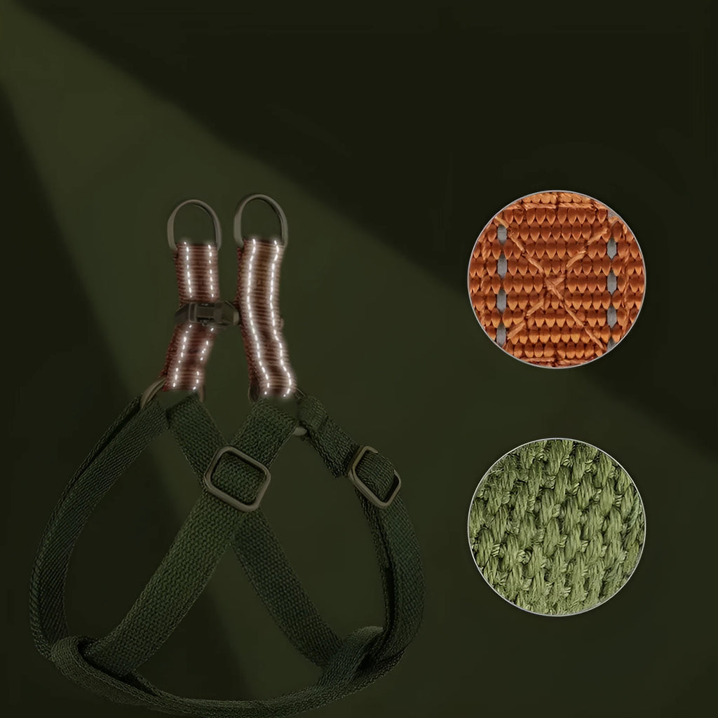 Brown vest-style dog leash with cotton webbing and alloy fastener for small to medium dogs