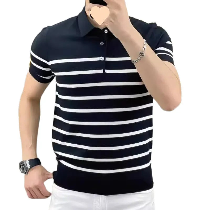 Black and white striped knitted pullover T-shirt with a lapel collar.