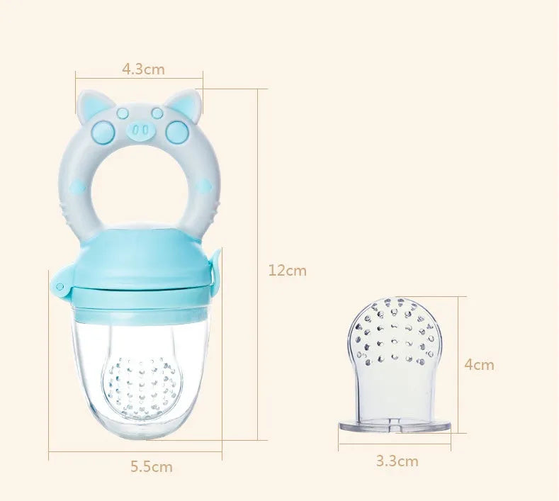 Silicone baby teether in blue, green, or pink colours with textured mouthpiece design