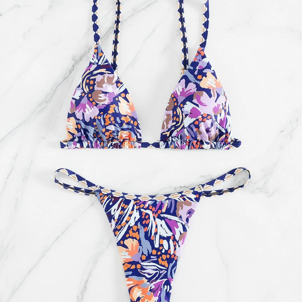 Women's floral print triangle bag swimsuit with briefs lining in polyester fabric