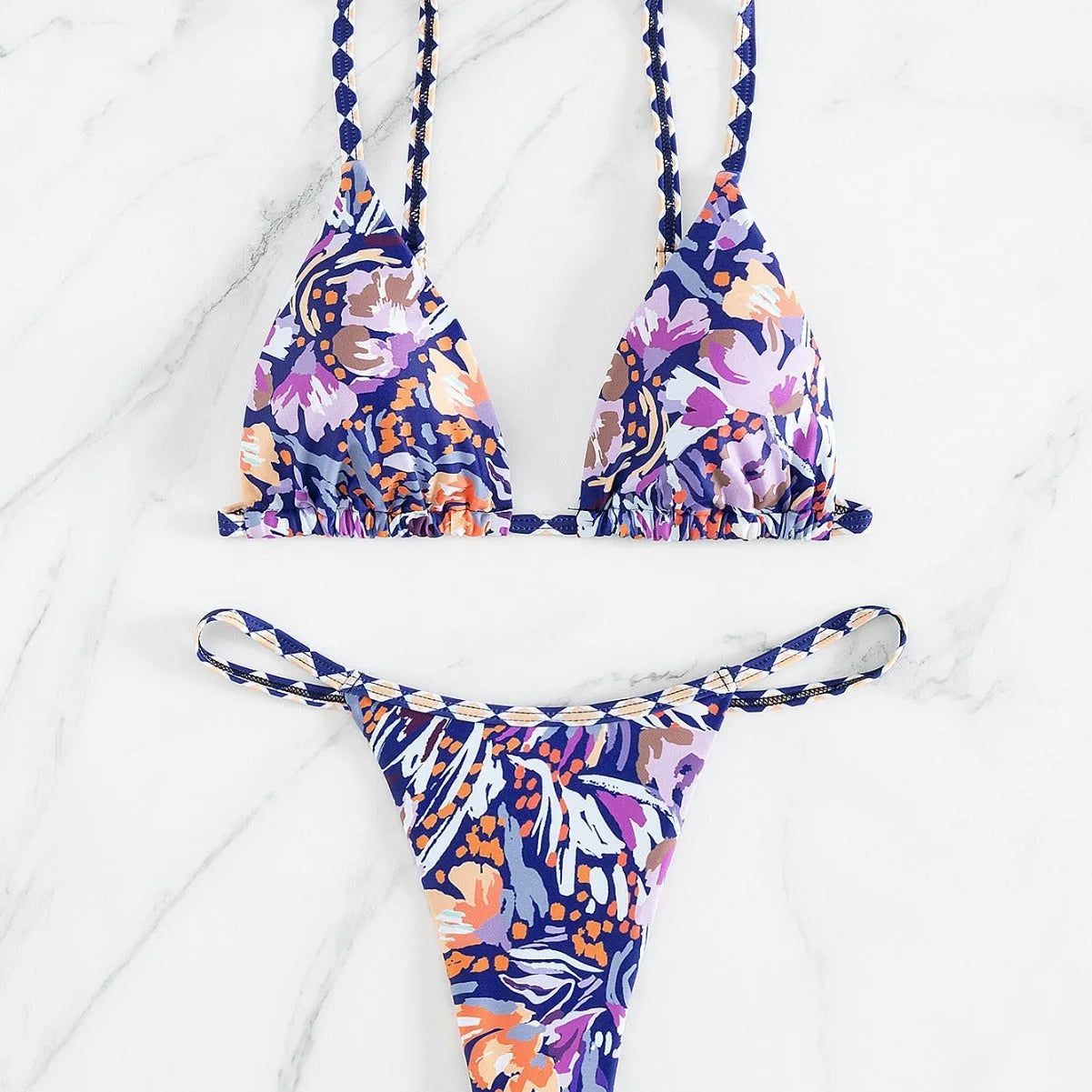 Women's floral print triangle bag swimsuit with briefs lining in polyester fabric