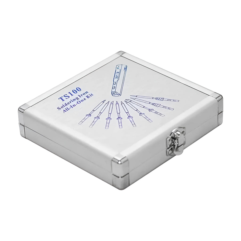 Silver aluminium soldering iron storage case with carrying handle showing compact dimensions