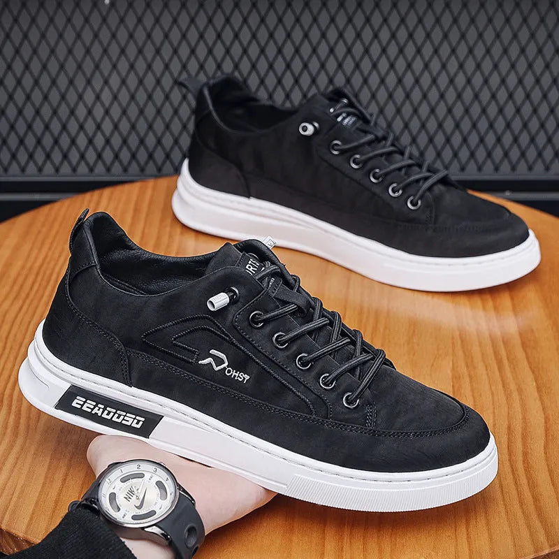 Men's grey casual sneakers with ice silk cloth and canvas upper, round toe and lace-up design