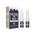 Two standard size beef fat lip balm sticks packaged together.