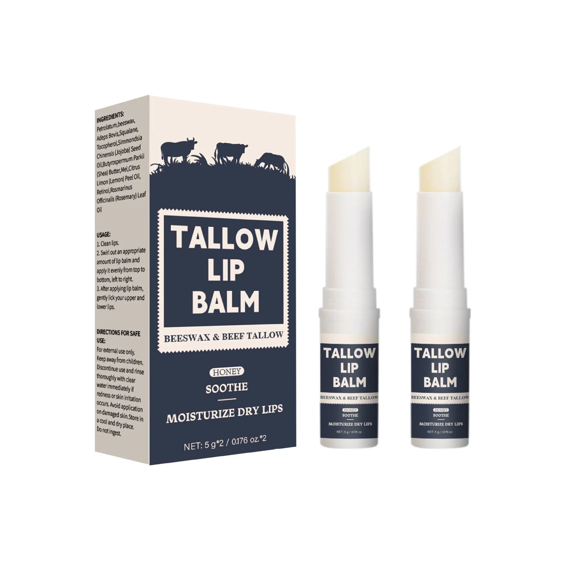 Two standard size beef fat lip balm sticks packaged together.