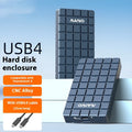 Silver aluminium USB4 hard disk box for solid state drives, showing compact design and USB-C port.